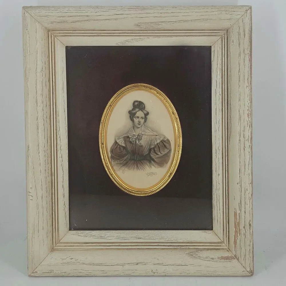 Vintage oval brass detail portrait of lady in deep well distressed white frame